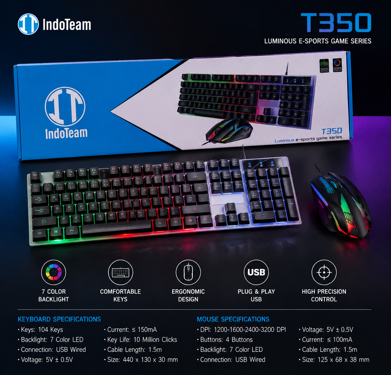 IndoTeam T350 Luminous E-Sports Gaming Keyboard & Mouse Combo