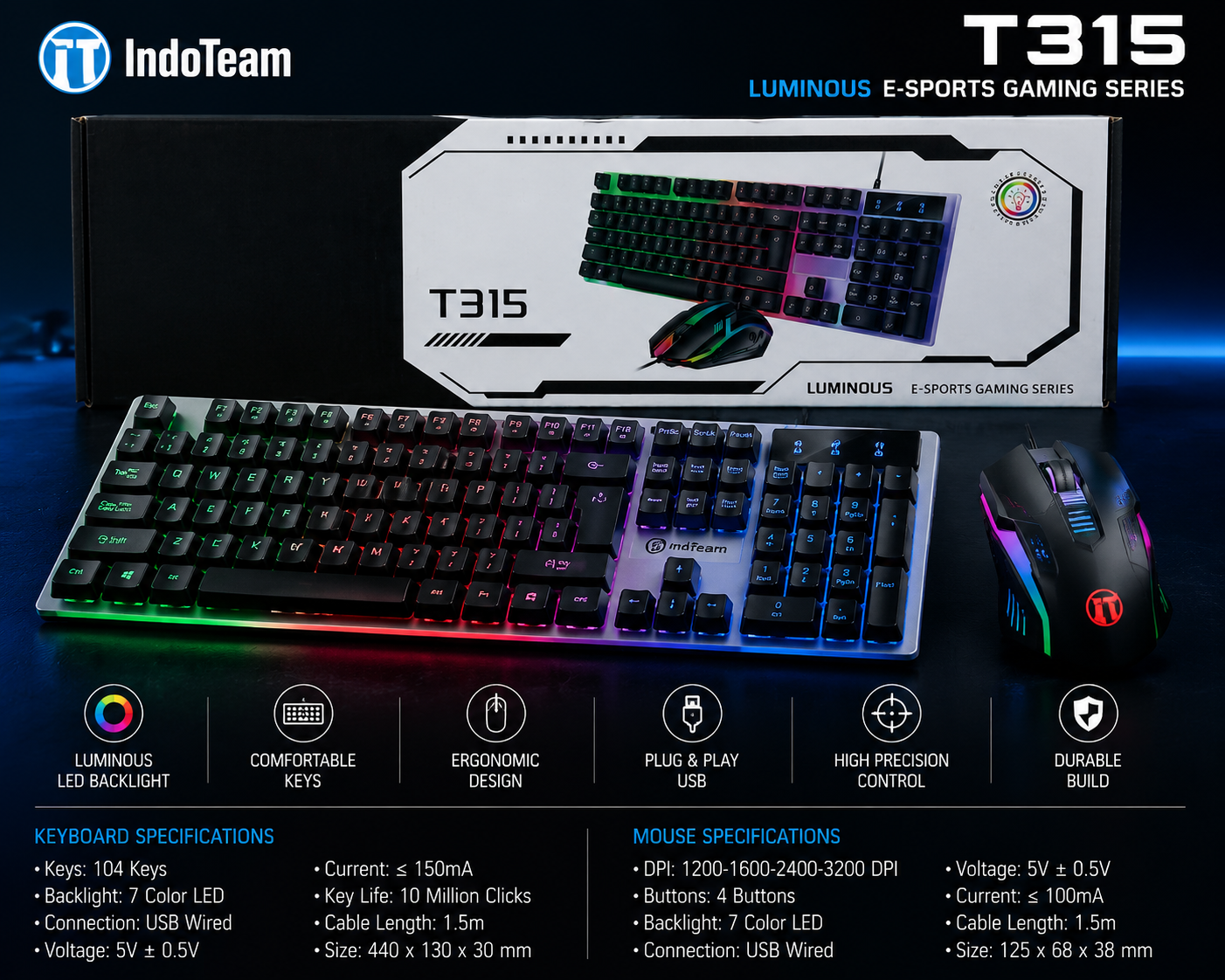 IndoTeam T315 Luminous E-Sports Gaming Keyboard & Mouse Combo