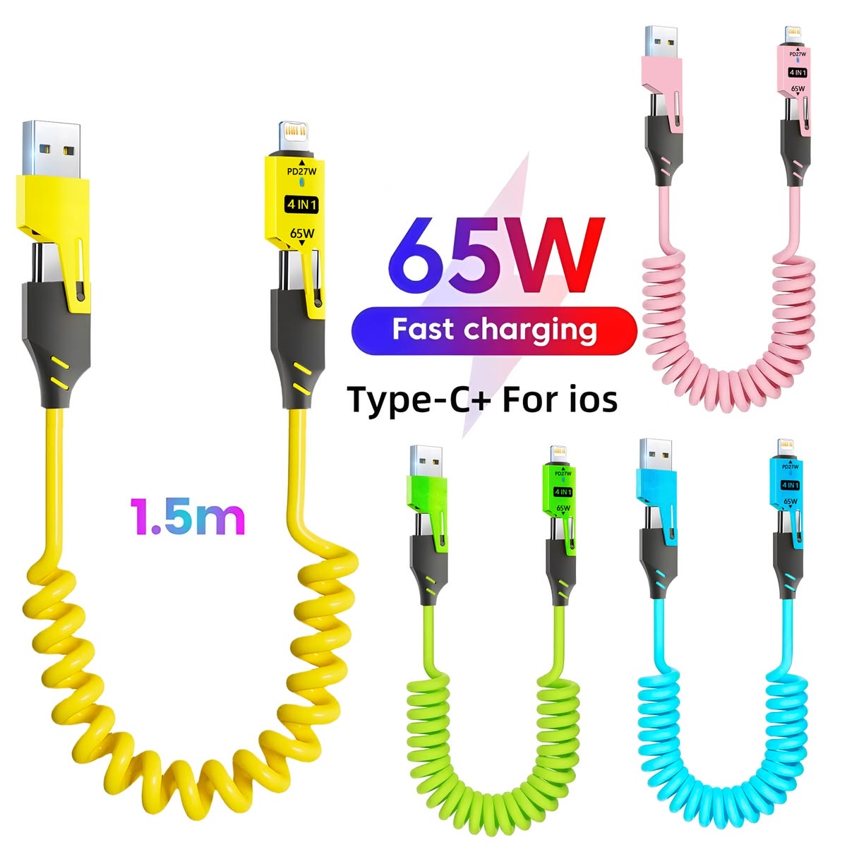 65W 4-in-1 Fast Charging Coiled Cable 1.5M
